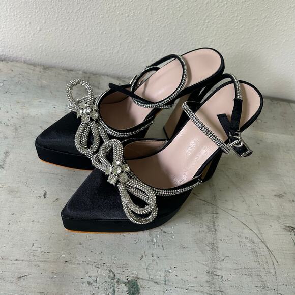 New Platform high heel almond toe ankle wrap around rhinestone bow satin 5.5 - Picture 4 of 16